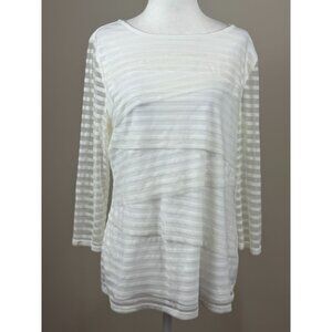Dana Buchman L White Layered Mesh Stripe Top Sheer Blouse Long Sleeve Stretch